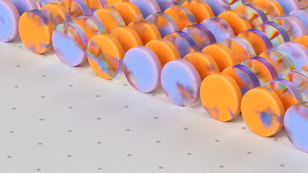 Rows of colorful, stacked, circular objects.